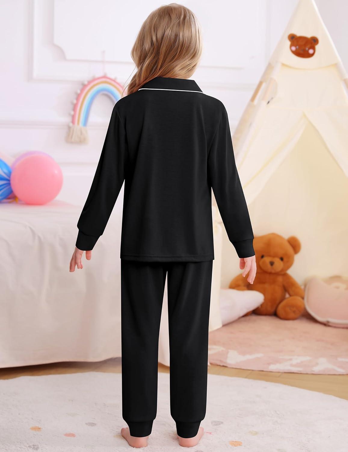 imageSWOMOG Girls Pajamas Set Kids Button Down Cute Print Pjs Sets Pant 2 Piece Soft Long Sleeve Sleepwear LoungewearBlack