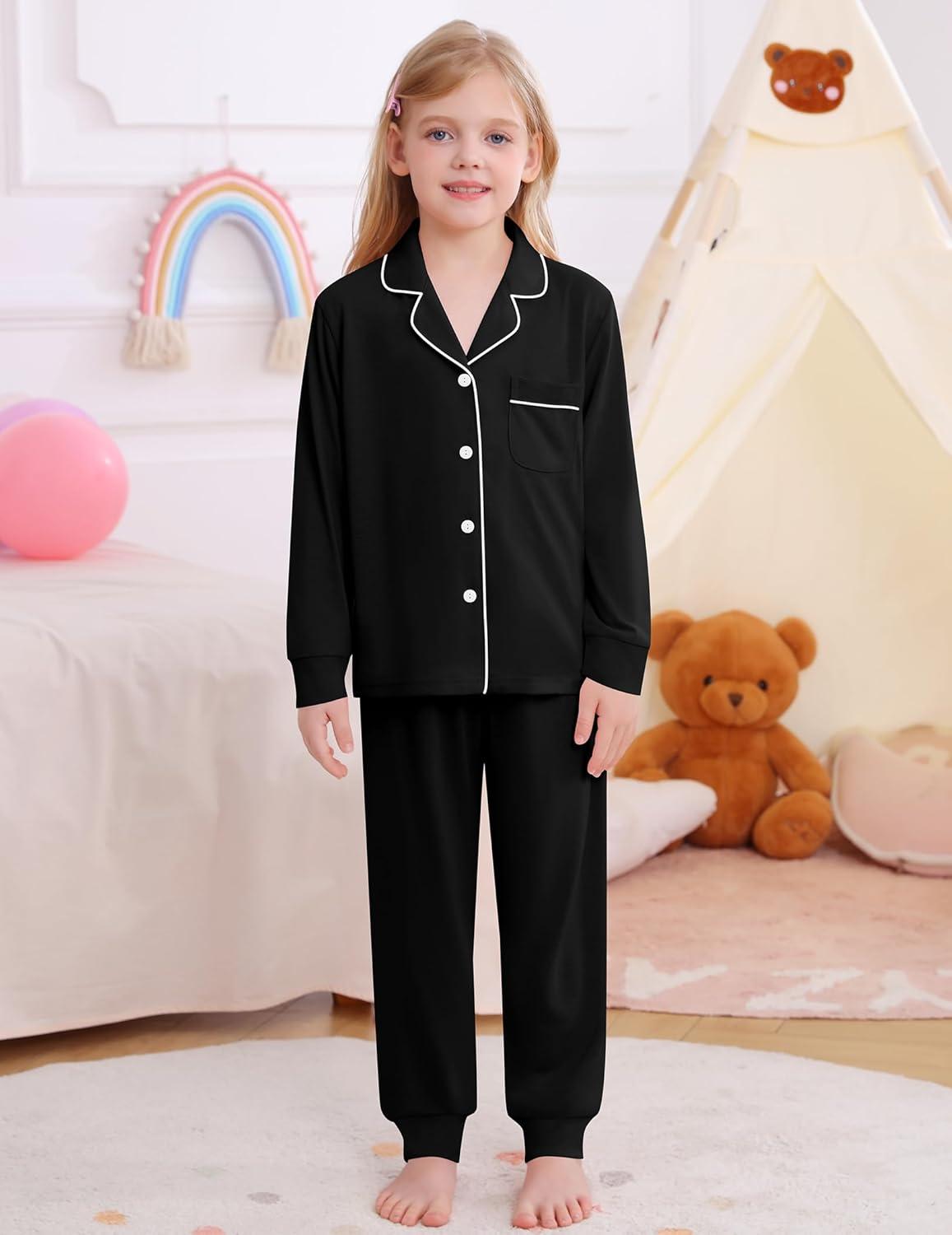 imageSWOMOG Girls Pajamas Set Kids Button Down Cute Print Pjs Sets Pant 2 Piece Soft Long Sleeve Sleepwear LoungewearBlack