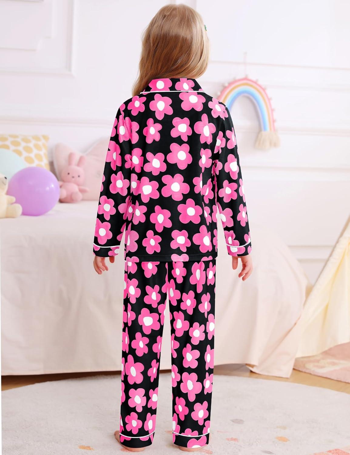 imageSWOMOG Girls Pajamas Set Kids Button Down Cute Print Pjs Sets Pant 2 Piece Soft Long Sleeve Sleepwear LoungewearBlack Flower