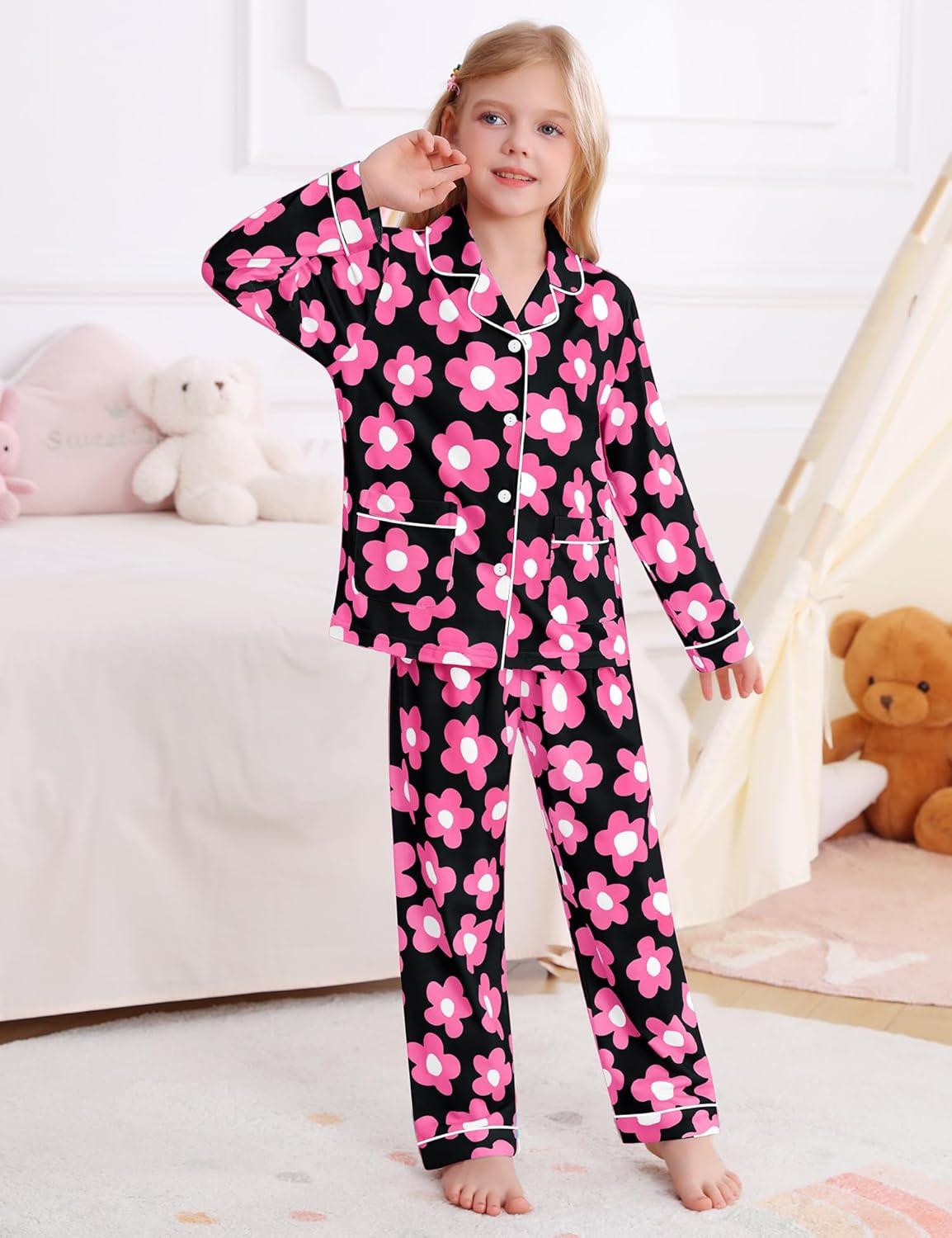 imageSWOMOG Girls Pajamas Set Kids Button Down Cute Print Pjs Sets Pant 2 Piece Soft Long Sleeve Sleepwear LoungewearBlack Flower