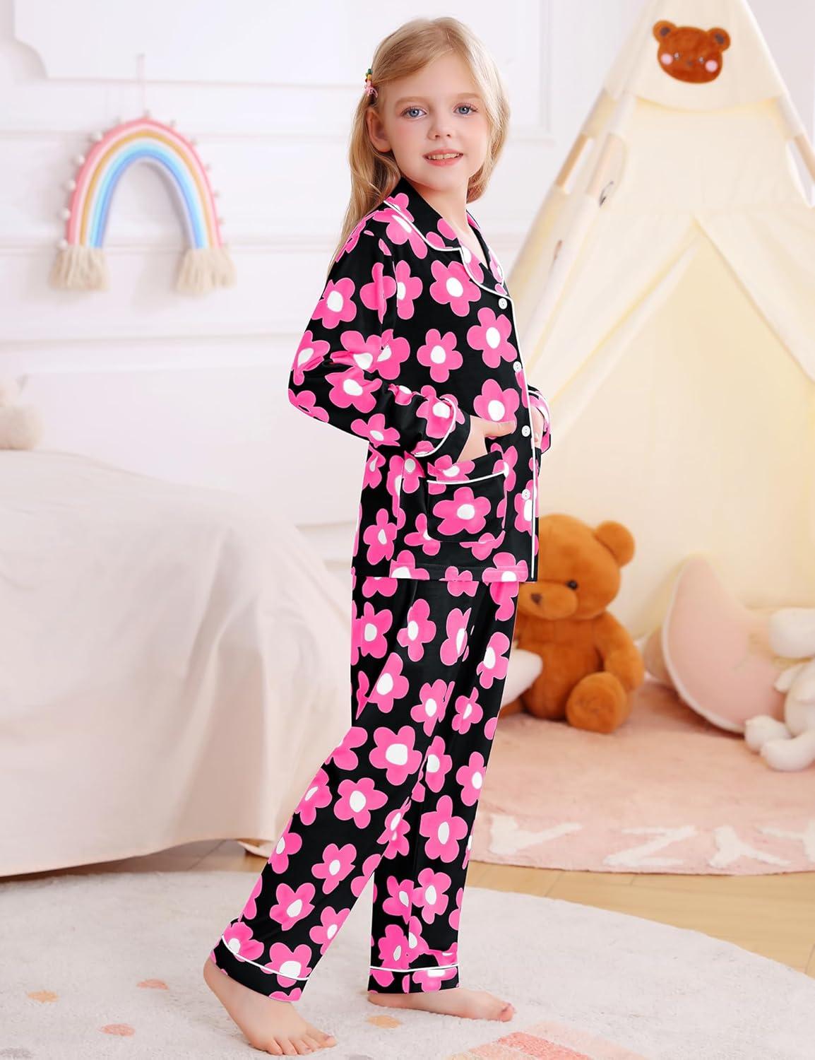 imageSWOMOG Girls Pajamas Set Kids Button Down Cute Print Pjs Sets Pant 2 Piece Soft Long Sleeve Sleepwear LoungewearBlack Flower