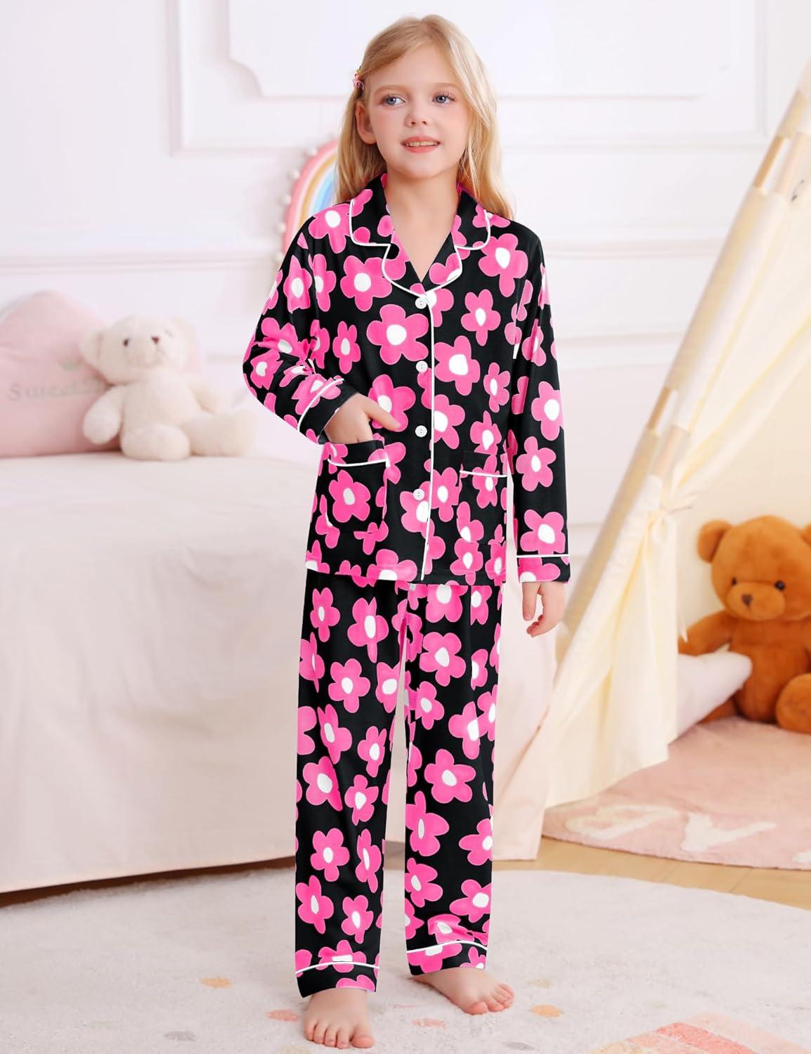 imageSWOMOG Girls Pajamas Set Kids Button Down Cute Print Pjs Sets Pant 2 Piece Soft Long Sleeve Sleepwear LoungewearBlack Flower