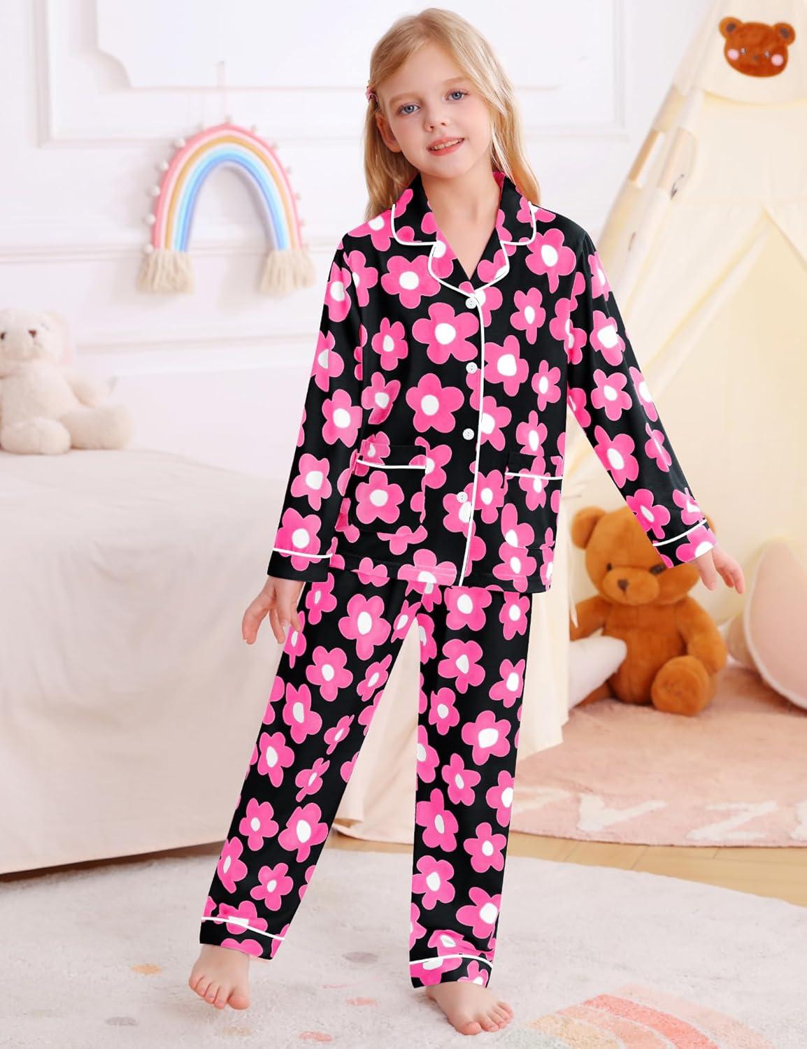 imageSWOMOG Girls Pajamas Set Kids Button Down Cute Print Pjs Sets Pant 2 Piece Soft Long Sleeve Sleepwear LoungewearBlack Flower