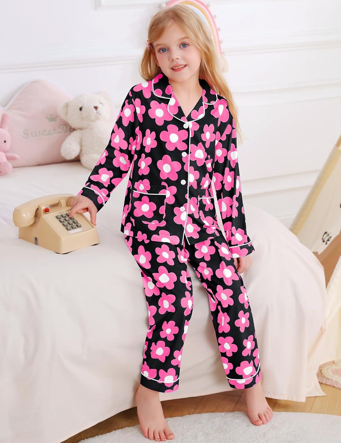 imageSWOMOG Girls Pajamas Set Kids Button Down Cute Print Pjs Sets Pant 2 Piece Soft Long Sleeve Sleepwear LoungewearBlack Flower