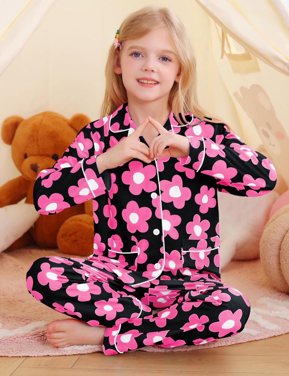 imageSWOMOG Girls Pajamas Set Kids Button Down Cute Print Pjs Sets Pant 2 Piece Soft Long Sleeve Sleepwear LoungewearBlack Flower