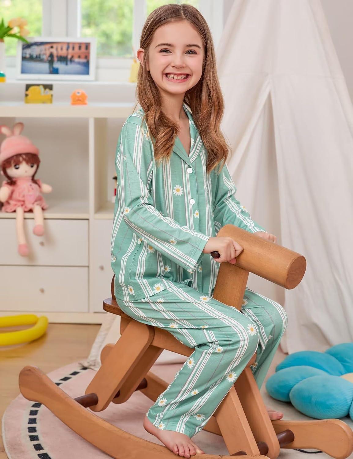 imageSWOMOG Girls Pajamas Set Kids Button Down Cute Print Pjs Sets Pant 2 Piece Soft Long Sleeve Sleepwear LoungewearBlue Daisy