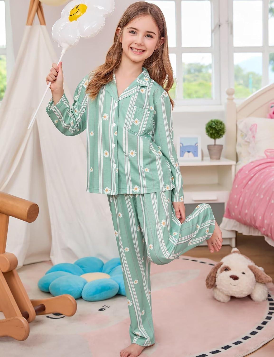 imageSWOMOG Girls Pajamas Set Kids Button Down Cute Print Pjs Sets Pant 2 Piece Soft Long Sleeve Sleepwear LoungewearBlue Daisy