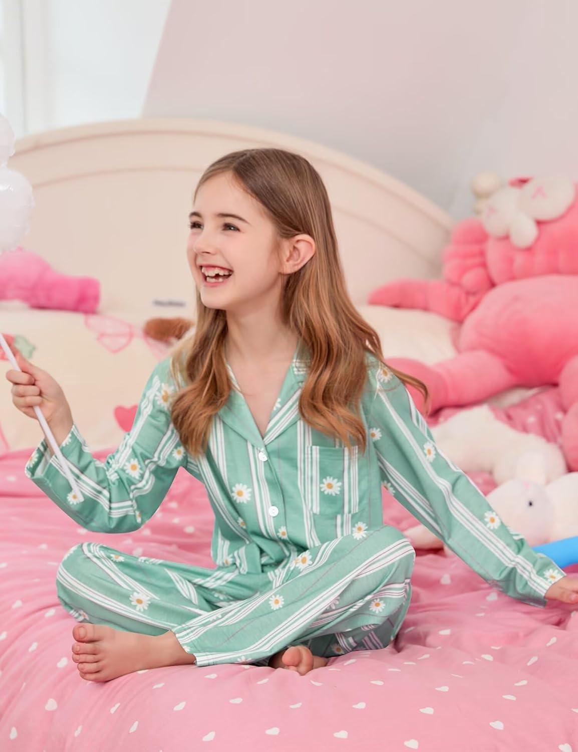 imageSWOMOG Girls Pajamas Set Kids Button Down Cute Print Pjs Sets Pant 2 Piece Soft Long Sleeve Sleepwear LoungewearBlue Daisy