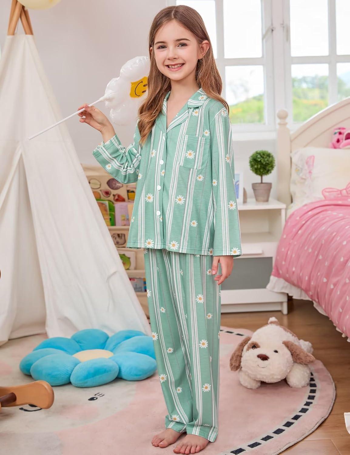 imageSWOMOG Girls Pajamas Set Kids Button Down Cute Print Pjs Sets Pant 2 Piece Soft Long Sleeve Sleepwear LoungewearBlue Daisy
