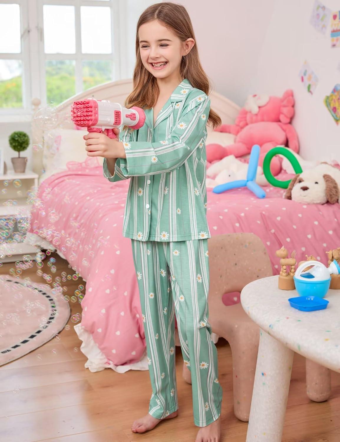 imageSWOMOG Girls Pajamas Set Kids Button Down Cute Print Pjs Sets Pant 2 Piece Soft Long Sleeve Sleepwear LoungewearBlue Daisy