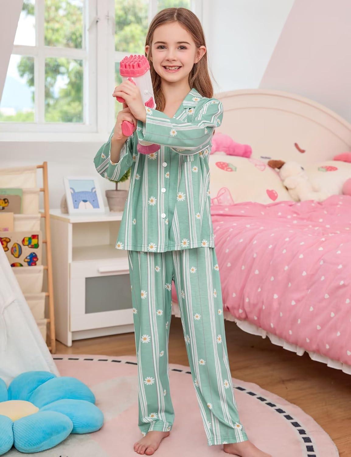 imageSWOMOG Girls Pajamas Set Kids Button Down Cute Print Pjs Sets Pant 2 Piece Soft Long Sleeve Sleepwear LoungewearBlue Daisy