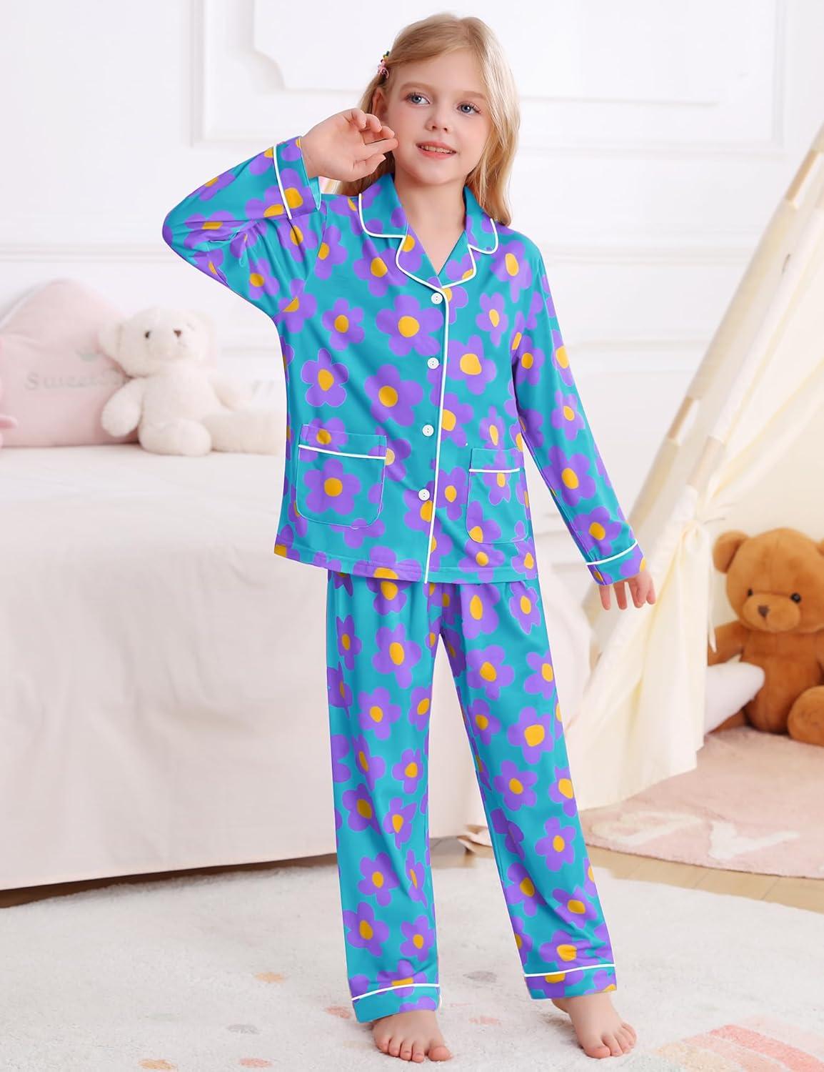 imageSWOMOG Girls Pajamas Set Kids Button Down Cute Print Pjs Sets Pant 2 Piece Soft Long Sleeve Sleepwear LoungewearBlue Flower