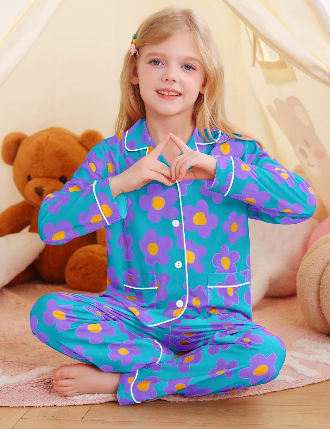 imageSWOMOG Girls Pajamas Set Kids Button Down Cute Print Pjs Sets Pant 2 Piece Soft Long Sleeve Sleepwear LoungewearBlue Flower