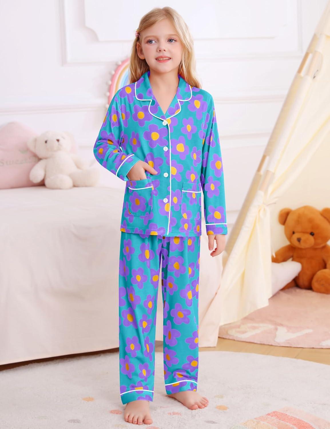 imageSWOMOG Girls Pajamas Set Kids Button Down Cute Print Pjs Sets Pant 2 Piece Soft Long Sleeve Sleepwear LoungewearBlue Flower