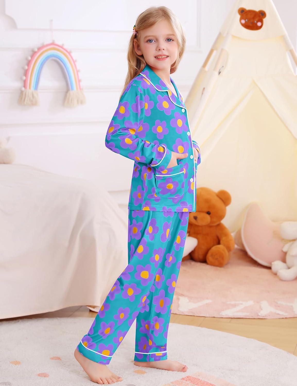 imageSWOMOG Girls Pajamas Set Kids Button Down Cute Print Pjs Sets Pant 2 Piece Soft Long Sleeve Sleepwear LoungewearBlue Flower