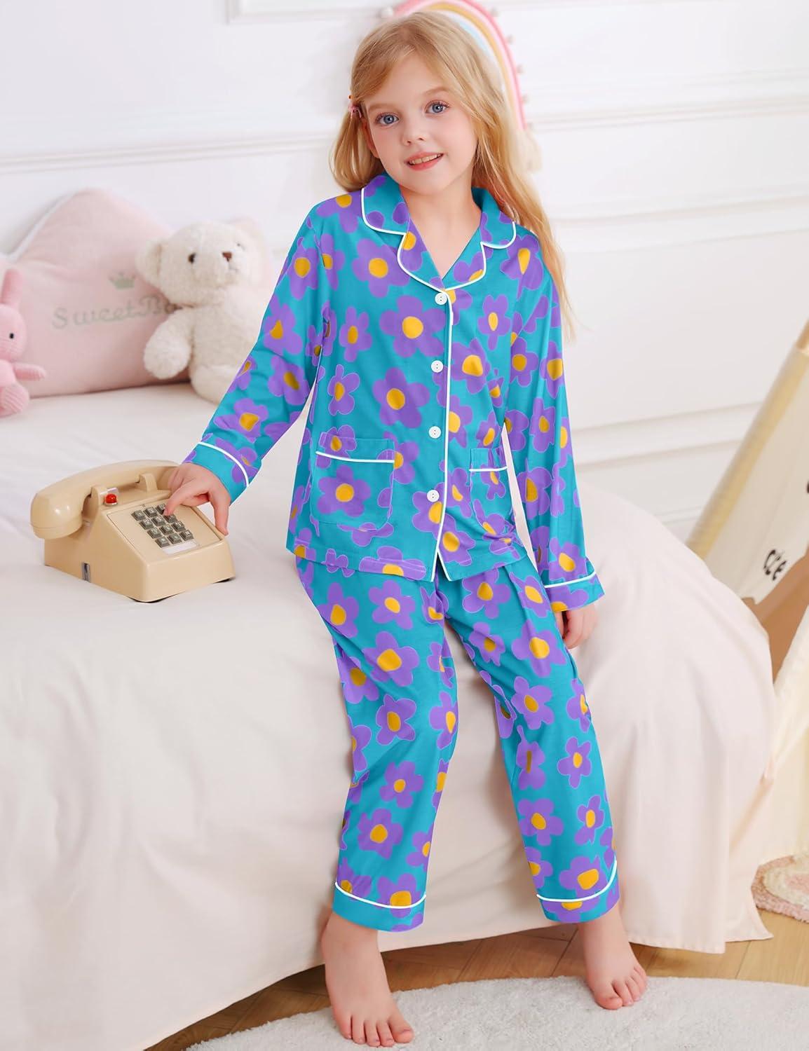 imageSWOMOG Girls Pajamas Set Kids Button Down Cute Print Pjs Sets Pant 2 Piece Soft Long Sleeve Sleepwear LoungewearBlue Flower