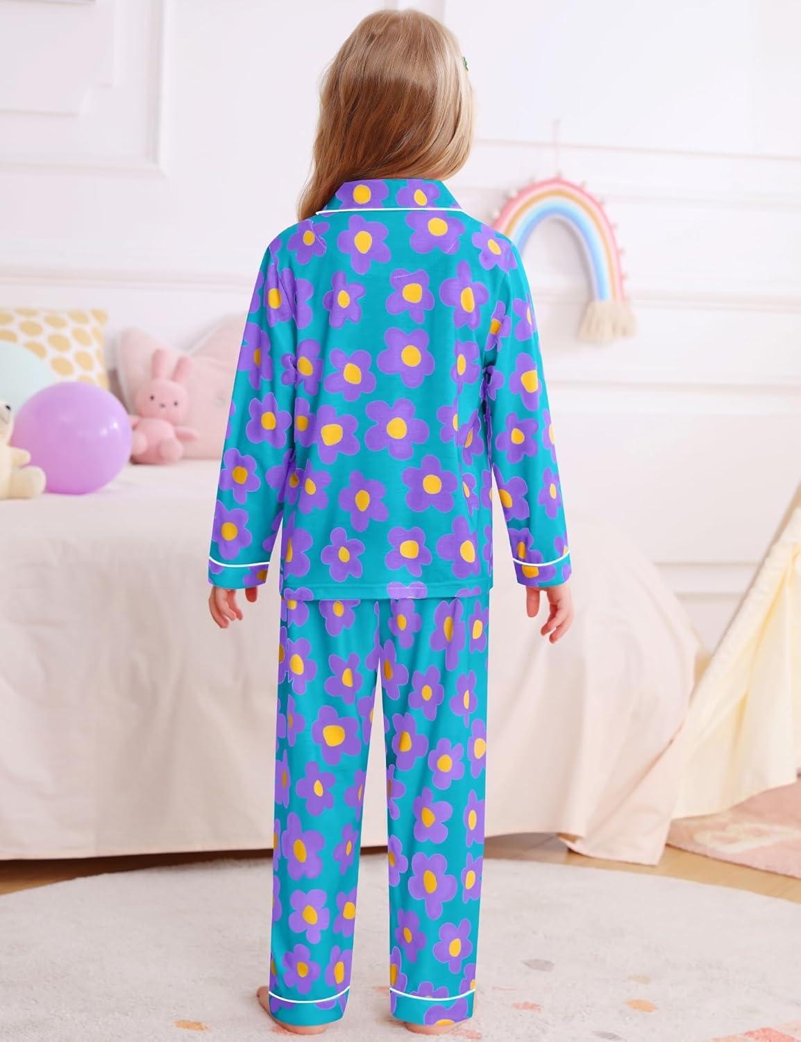 imageSWOMOG Girls Pajamas Set Kids Button Down Cute Print Pjs Sets Pant 2 Piece Soft Long Sleeve Sleepwear LoungewearBlue Flower