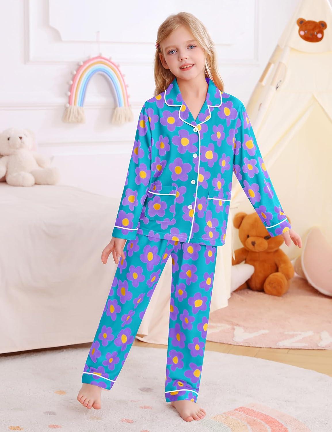 imageSWOMOG Girls Pajamas Set Kids Button Down Cute Print Pjs Sets Pant 2 Piece Soft Long Sleeve Sleepwear LoungewearBlue Flower