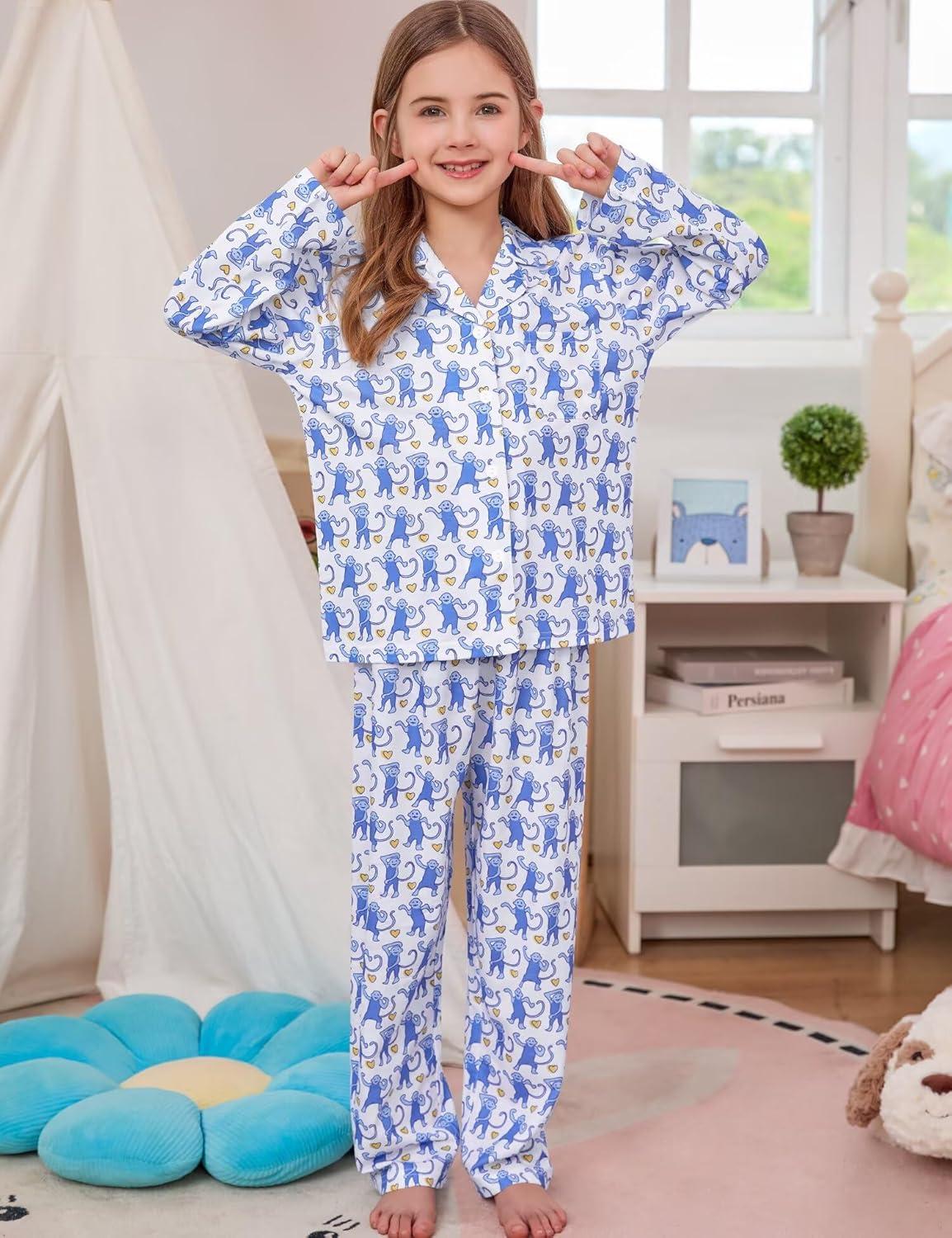 imageSWOMOG Girls Pajamas Set Kids Button Down Cute Print Pjs Sets Pant 2 Piece Soft Long Sleeve Sleepwear LoungewearBlue Monkey