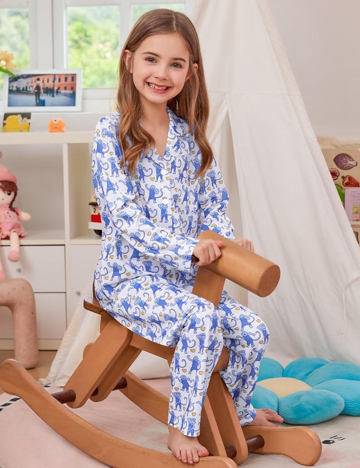 imageSWOMOG Girls Pajamas Set Kids Button Down Cute Print Pjs Sets Pant 2 Piece Soft Long Sleeve Sleepwear LoungewearBlue Monkey