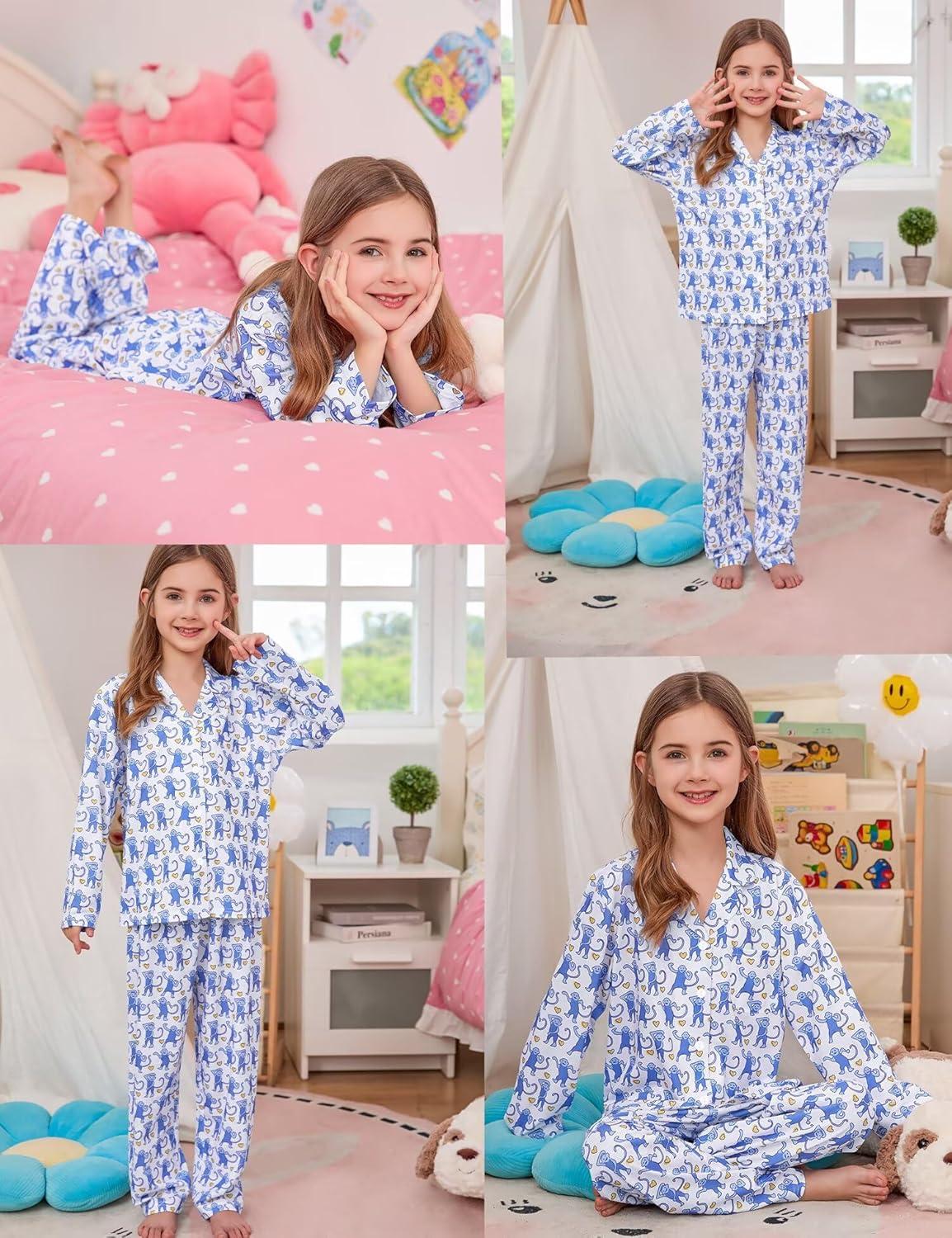 imageSWOMOG Girls Pajamas Set Kids Button Down Cute Print Pjs Sets Pant 2 Piece Soft Long Sleeve Sleepwear LoungewearBlue Monkey