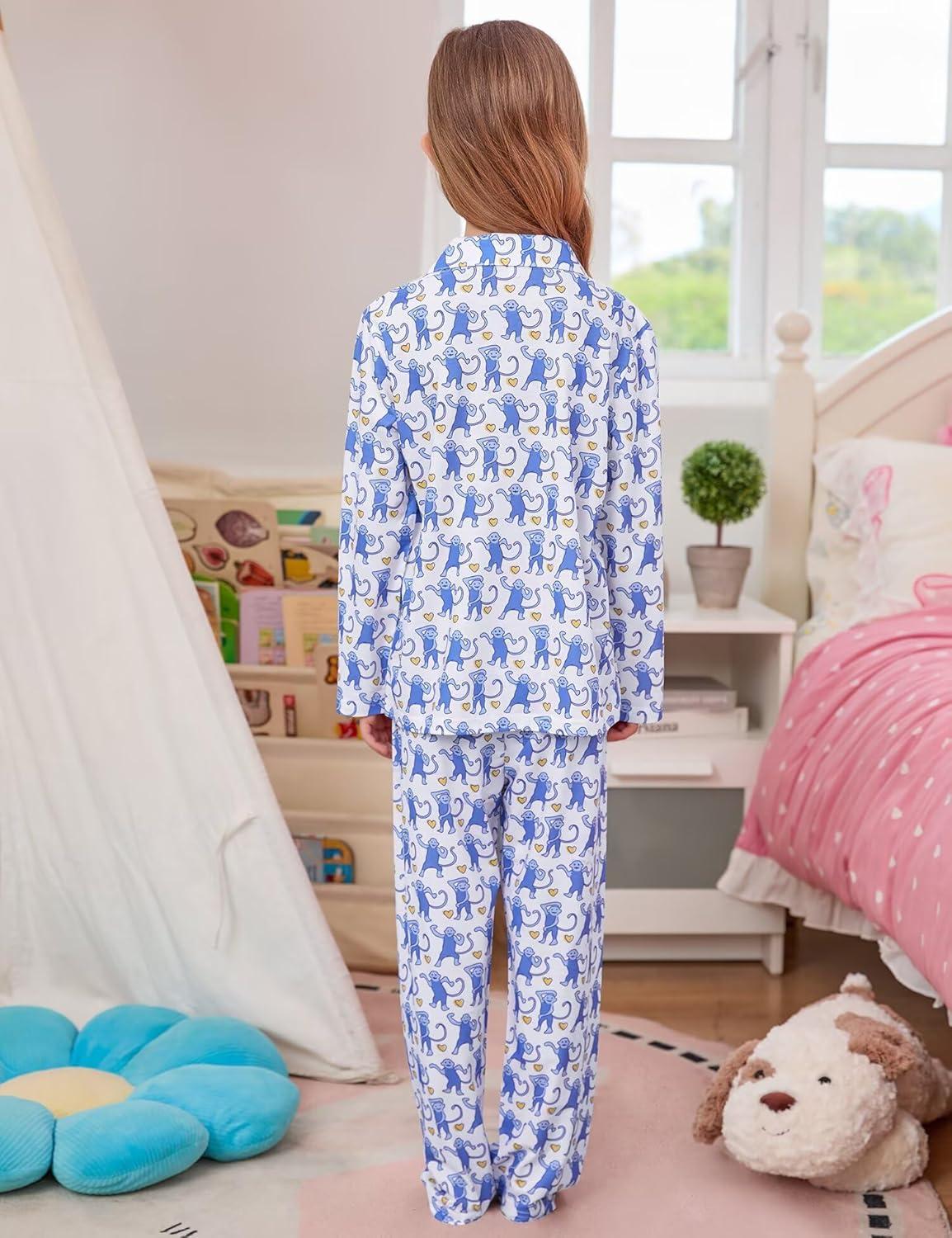 imageSWOMOG Girls Pajamas Set Kids Button Down Cute Print Pjs Sets Pant 2 Piece Soft Long Sleeve Sleepwear LoungewearBlue Monkey