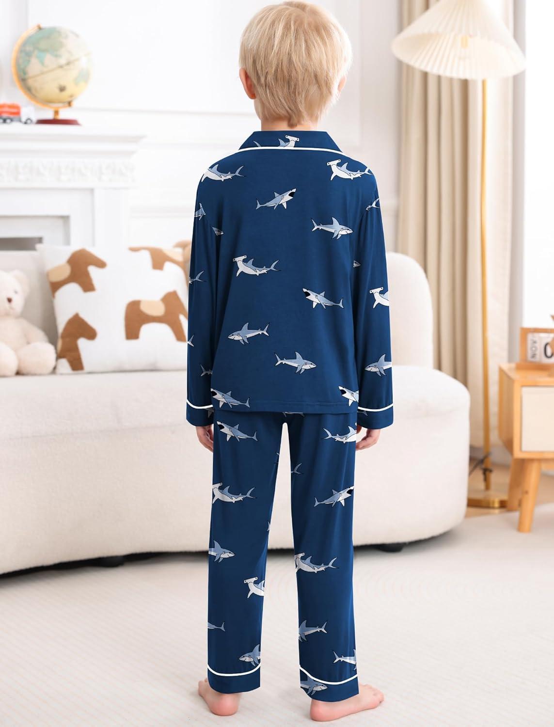imageSWOMOG Girls Pajamas Set Kids Button Down Cute Print Pjs Sets Pant 2 Piece Soft Long Sleeve Sleepwear LoungewearBlue Shark