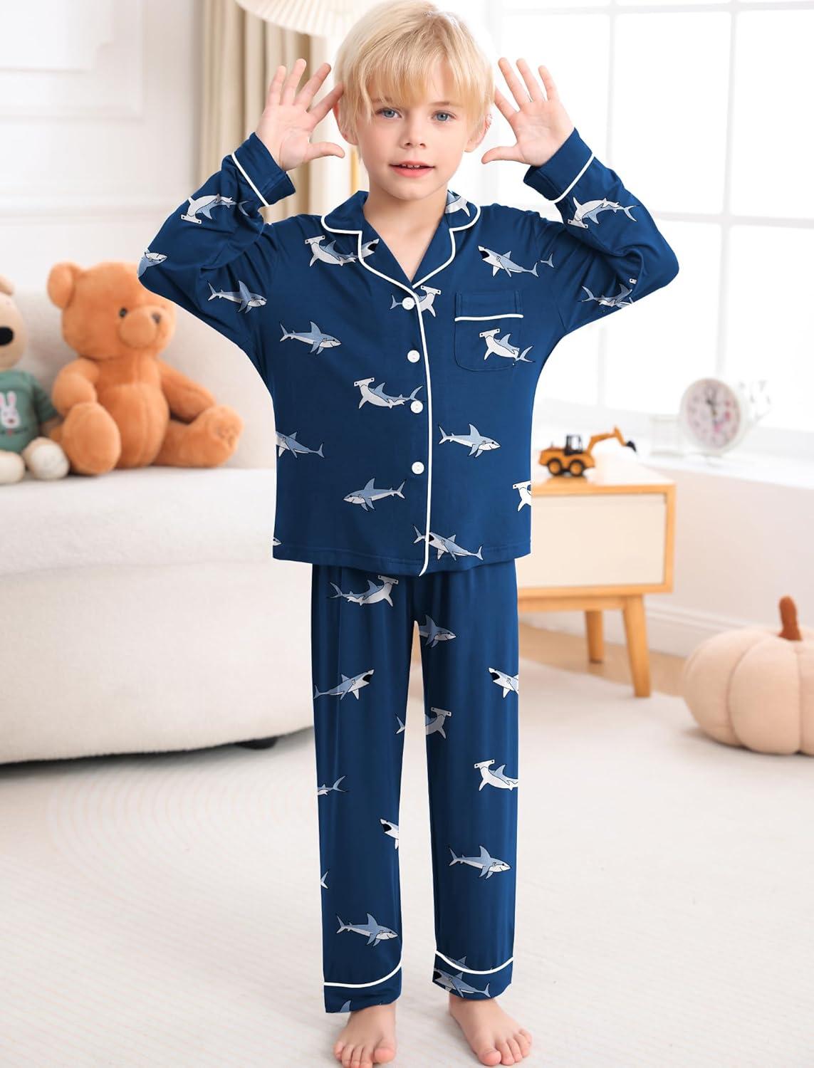 imageSWOMOG Girls Pajamas Set Kids Button Down Cute Print Pjs Sets Pant 2 Piece Soft Long Sleeve Sleepwear LoungewearBlue Shark