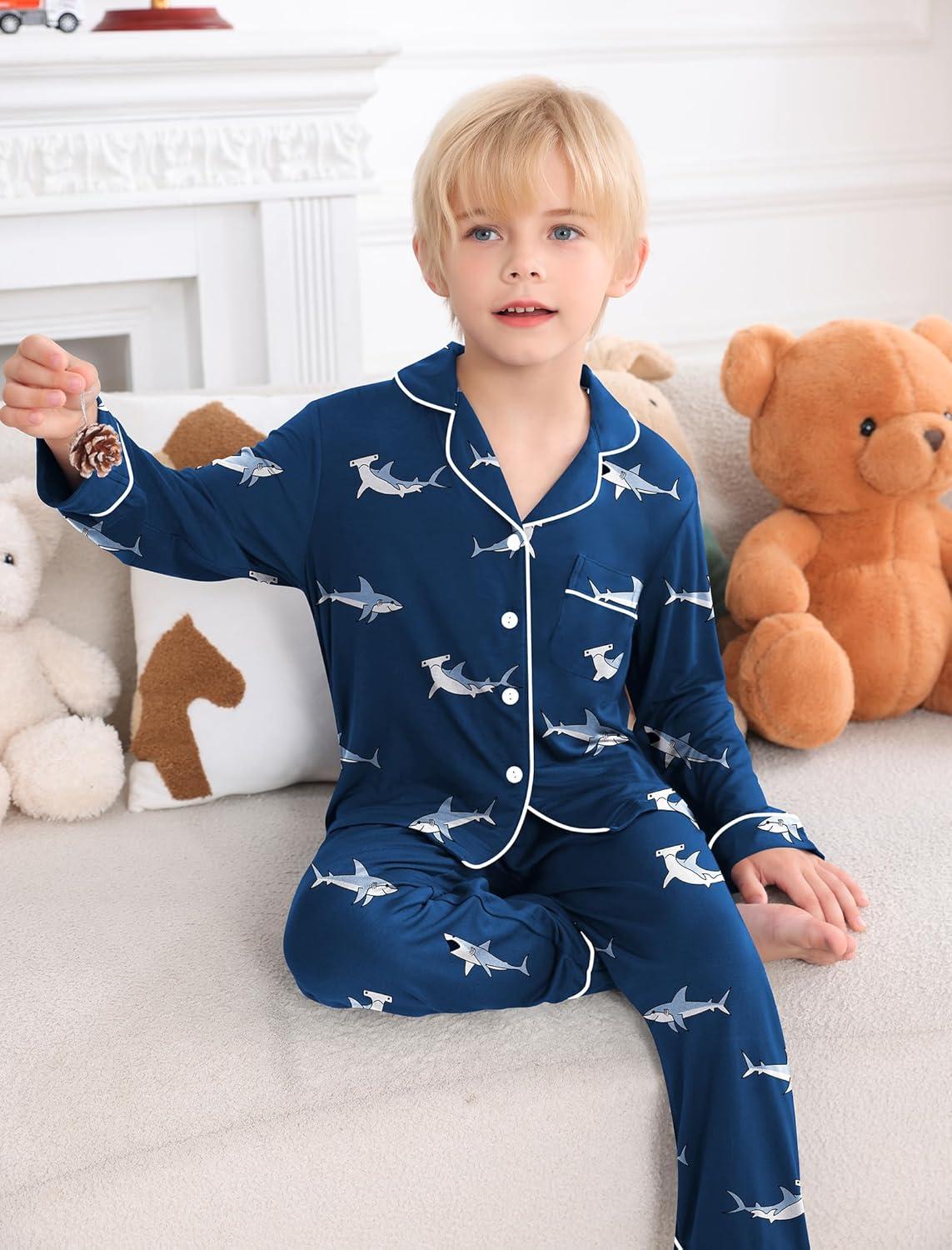 imageSWOMOG Girls Pajamas Set Kids Button Down Cute Print Pjs Sets Pant 2 Piece Soft Long Sleeve Sleepwear LoungewearBlue Shark