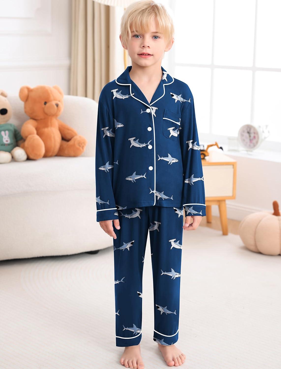 imageSWOMOG Girls Pajamas Set Kids Button Down Cute Print Pjs Sets Pant 2 Piece Soft Long Sleeve Sleepwear LoungewearBlue Shark