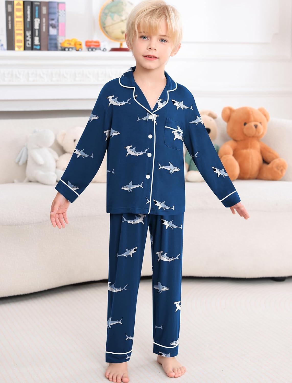 imageSWOMOG Girls Pajamas Set Kids Button Down Cute Print Pjs Sets Pant 2 Piece Soft Long Sleeve Sleepwear LoungewearBlue Shark
