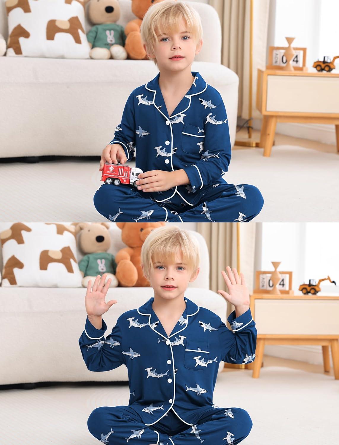 imageSWOMOG Girls Pajamas Set Kids Button Down Cute Print Pjs Sets Pant 2 Piece Soft Long Sleeve Sleepwear LoungewearBlue Shark