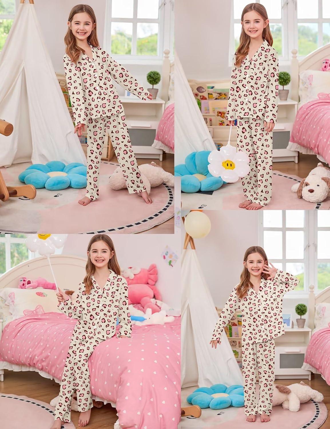 imageSWOMOG Girls Pajamas Set Kids Button Down Cute Print Pjs Sets Pant 2 Piece Soft Long Sleeve Sleepwear LoungewearChampagne Leopard