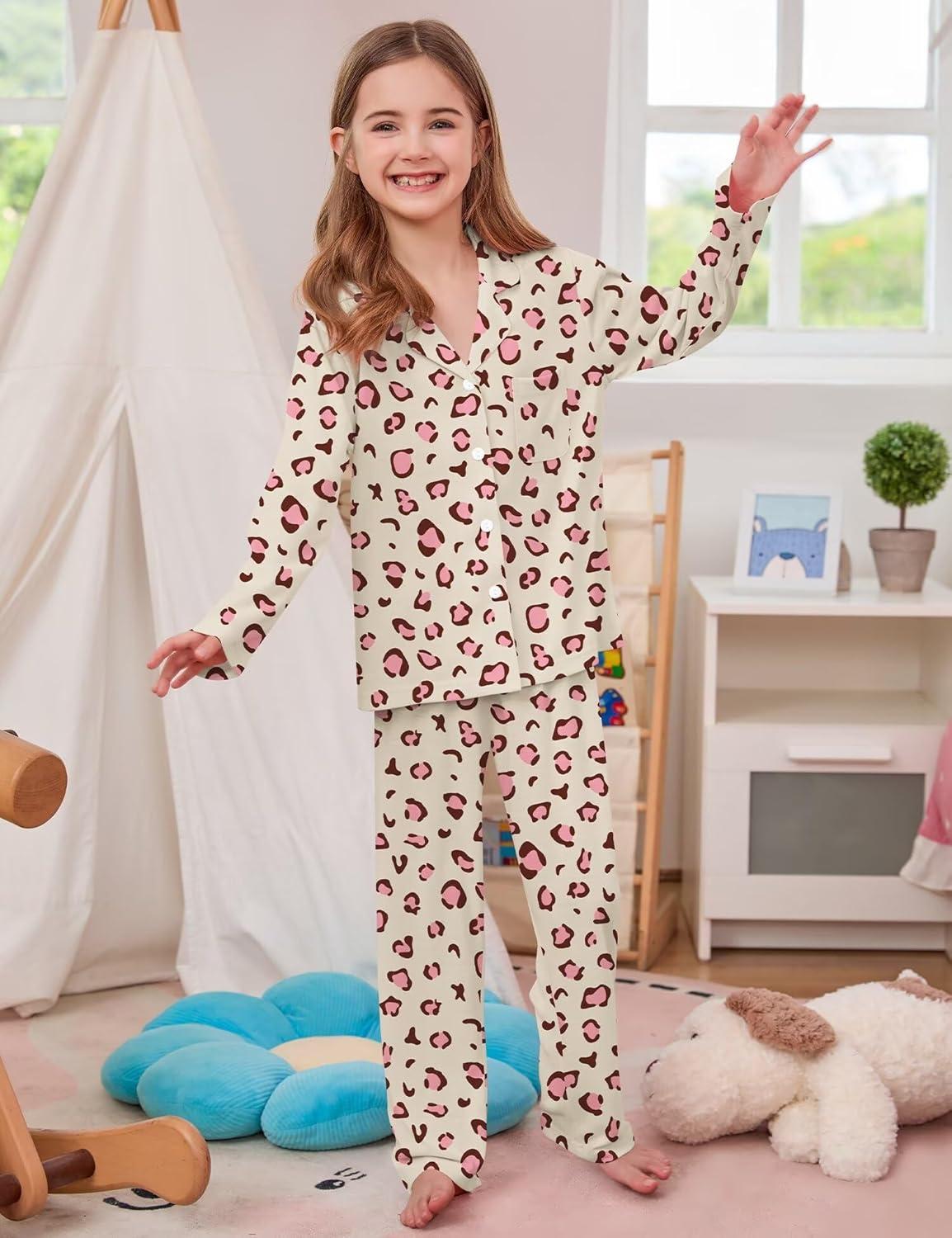 imageSWOMOG Girls Pajamas Set Kids Button Down Cute Print Pjs Sets Pant 2 Piece Soft Long Sleeve Sleepwear LoungewearChampagne Leopard