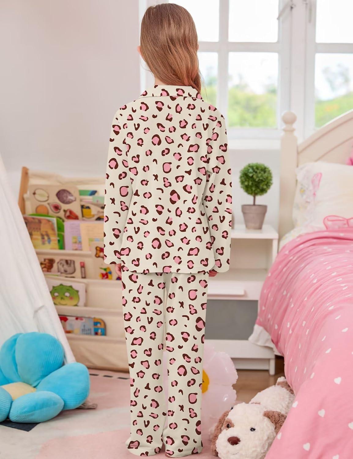 imageSWOMOG Girls Pajamas Set Kids Button Down Cute Print Pjs Sets Pant 2 Piece Soft Long Sleeve Sleepwear LoungewearChampagne Leopard