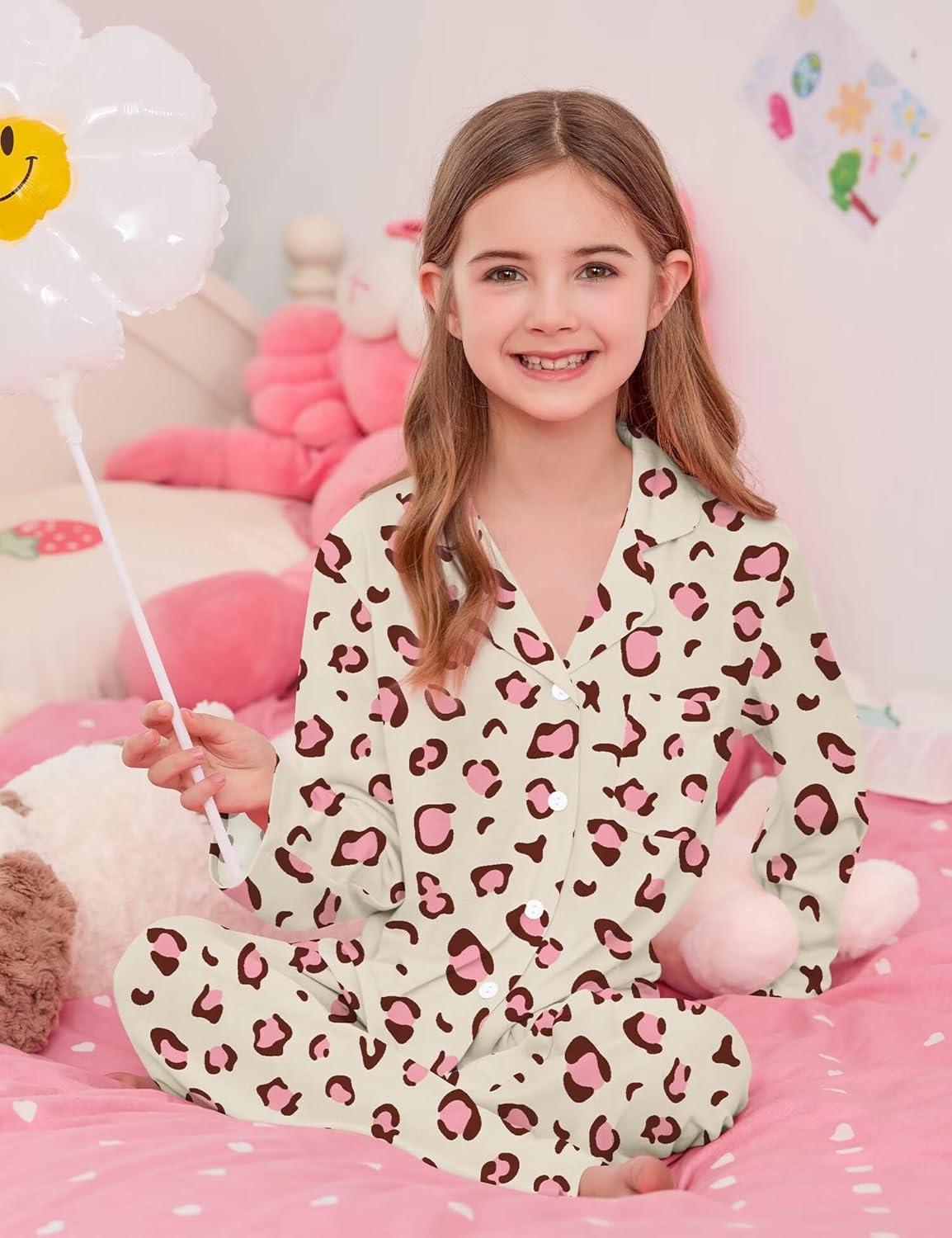 imageSWOMOG Girls Pajamas Set Kids Button Down Cute Print Pjs Sets Pant 2 Piece Soft Long Sleeve Sleepwear LoungewearChampagne Leopard