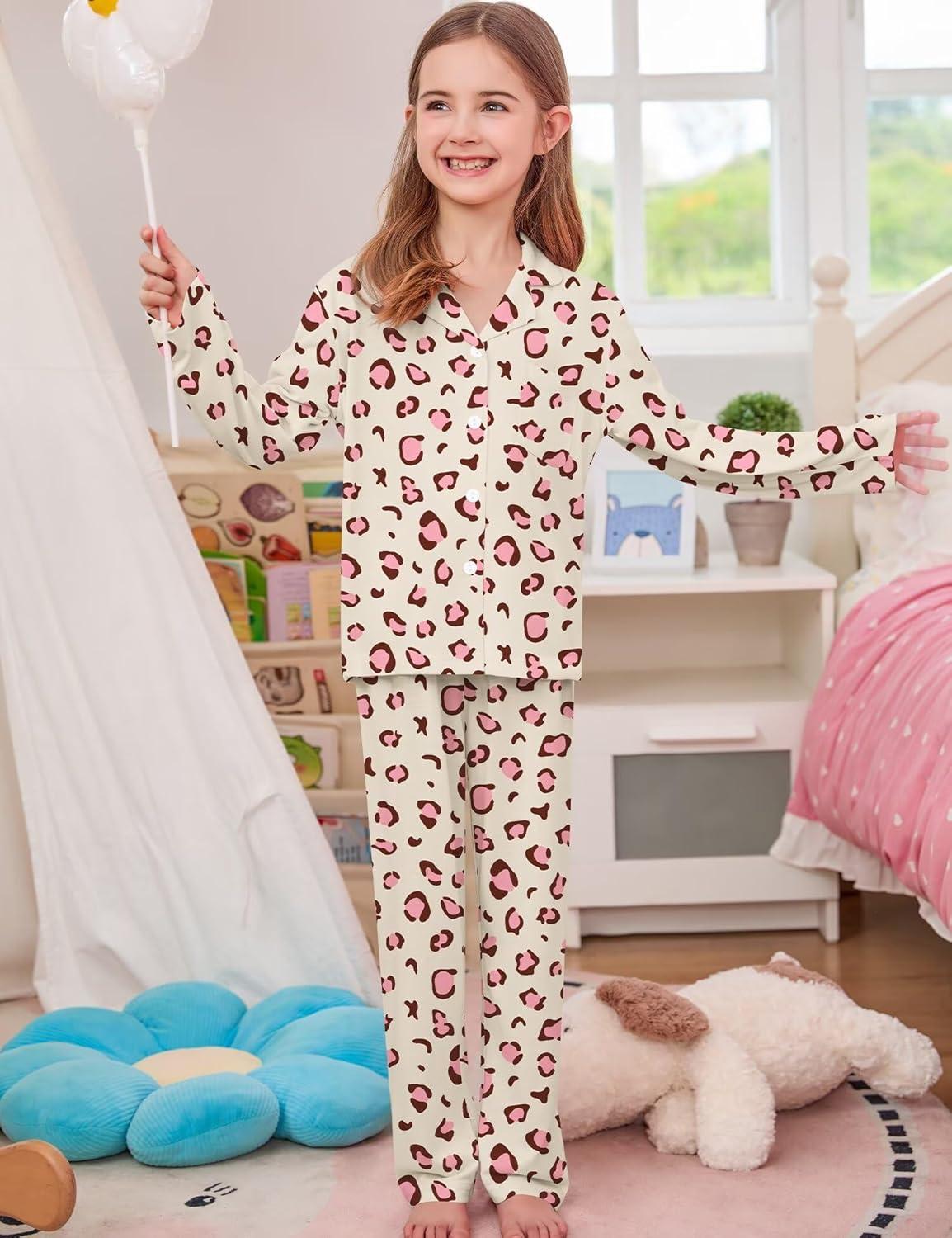 imageSWOMOG Girls Pajamas Set Kids Button Down Cute Print Pjs Sets Pant 2 Piece Soft Long Sleeve Sleepwear LoungewearChampagne Leopard