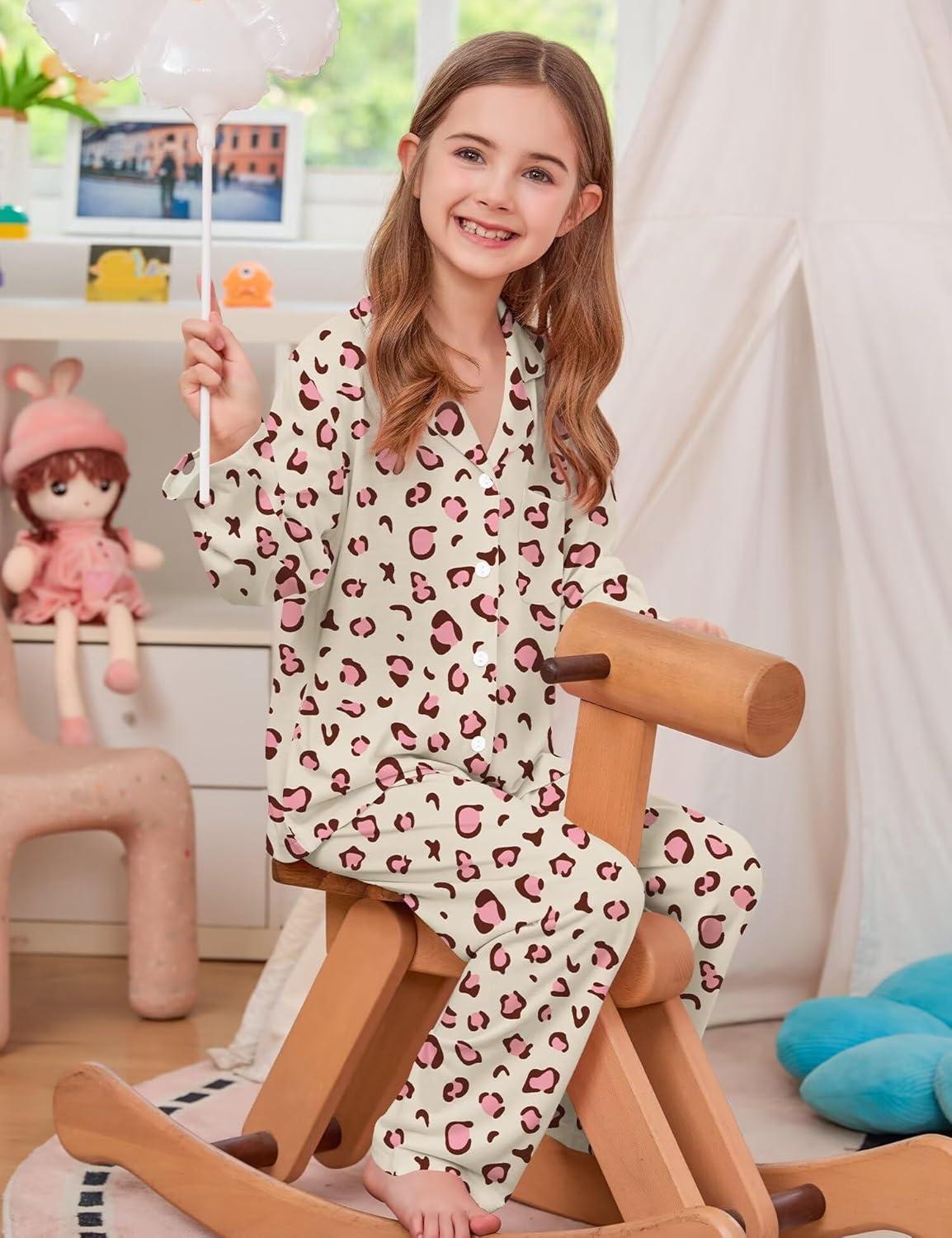 imageSWOMOG Girls Pajamas Set Kids Button Down Cute Print Pjs Sets Pant 2 Piece Soft Long Sleeve Sleepwear LoungewearChampagne Leopard