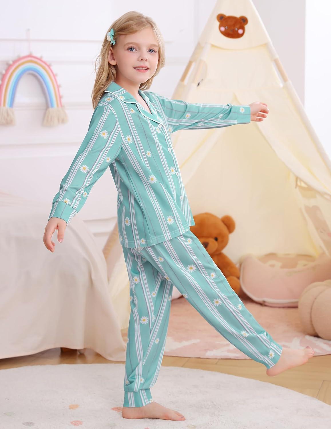 imageSWOMOG Girls Pajamas Set Kids Button Down Cute Print Pjs Sets Pant 2 Piece Soft Long Sleeve Sleepwear LoungewearGreen Daisy