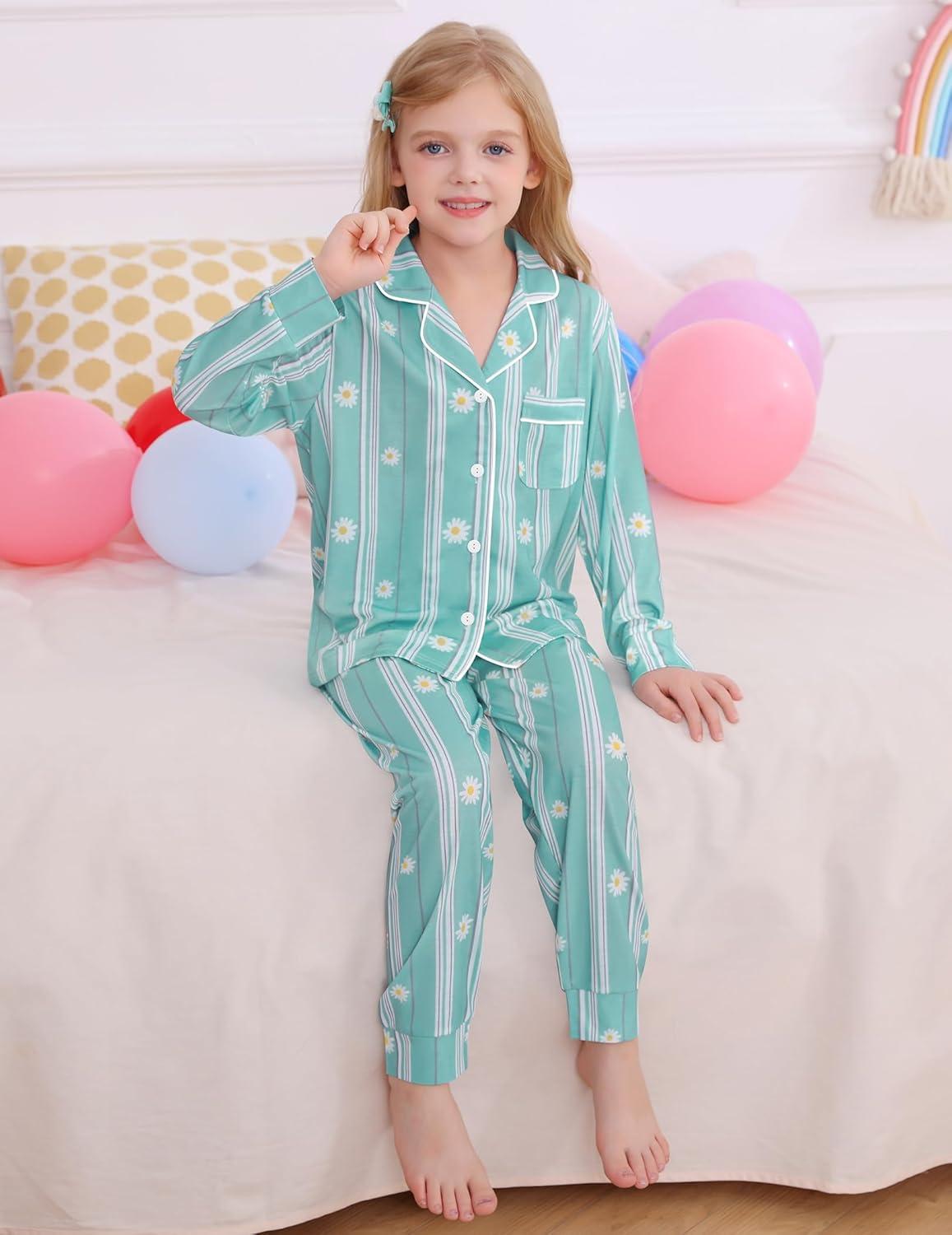 imageSWOMOG Girls Pajamas Set Kids Button Down Cute Print Pjs Sets Pant 2 Piece Soft Long Sleeve Sleepwear LoungewearGreen Daisy