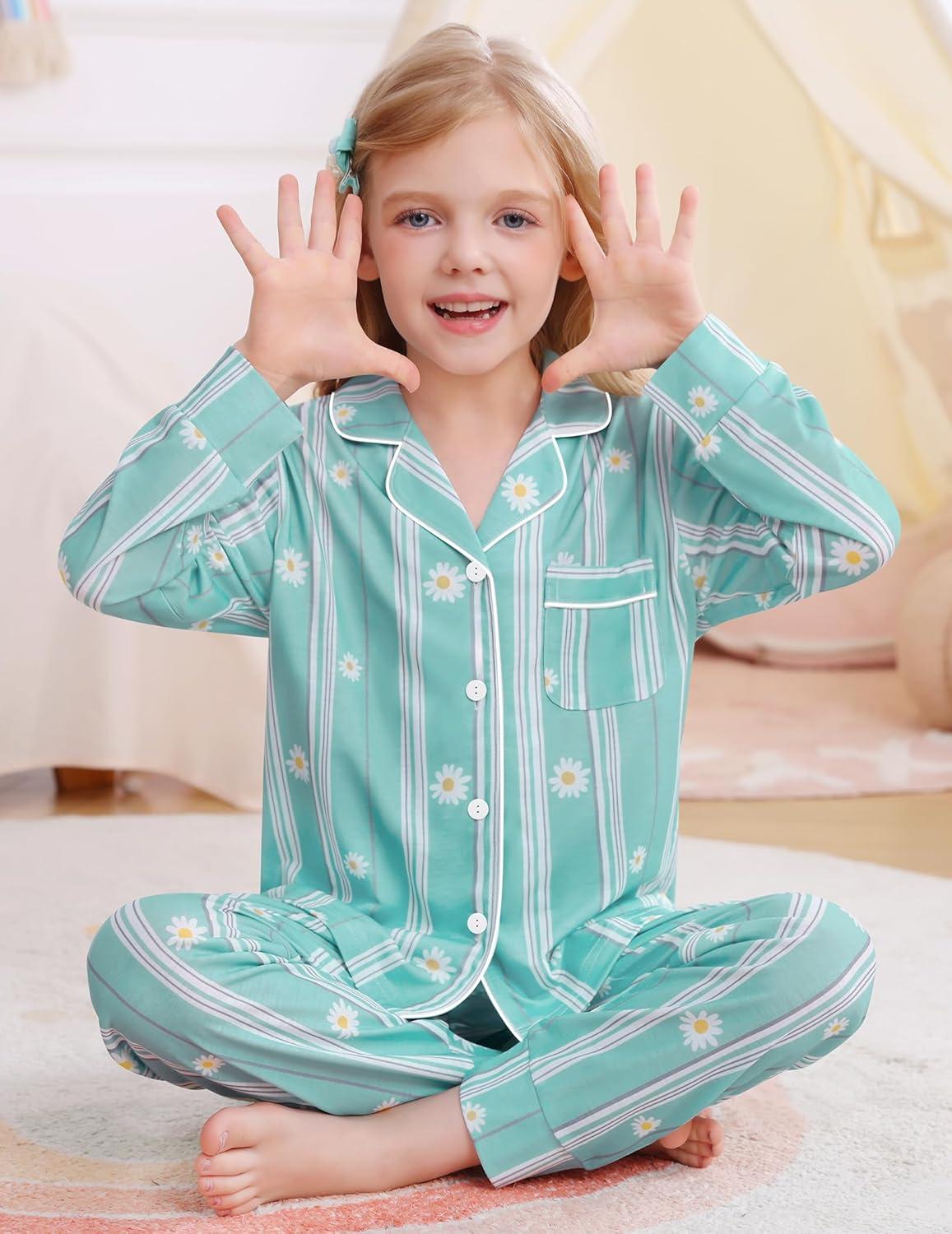 imageSWOMOG Girls Pajamas Set Kids Button Down Cute Print Pjs Sets Pant 2 Piece Soft Long Sleeve Sleepwear LoungewearGreen Daisy