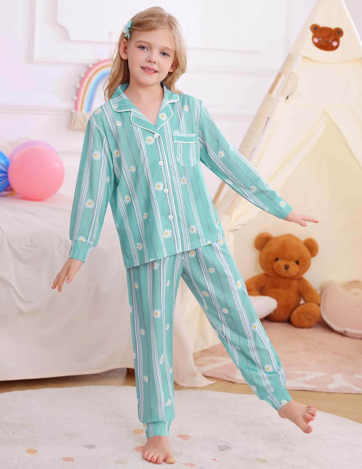 imageSWOMOG Girls Pajamas Set Kids Button Down Cute Print Pjs Sets Pant 2 Piece Soft Long Sleeve Sleepwear LoungewearGreen Daisy
