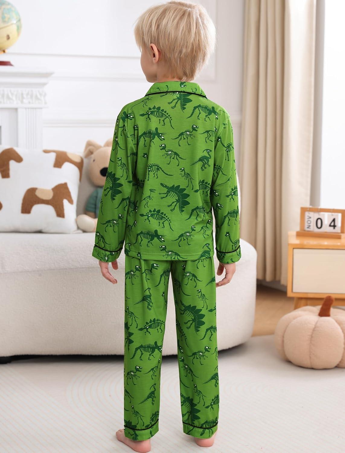 imageSWOMOG Girls Pajamas Set Kids Button Down Cute Print Pjs Sets Pant 2 Piece Soft Long Sleeve Sleepwear LoungewearGreen Dinosaur