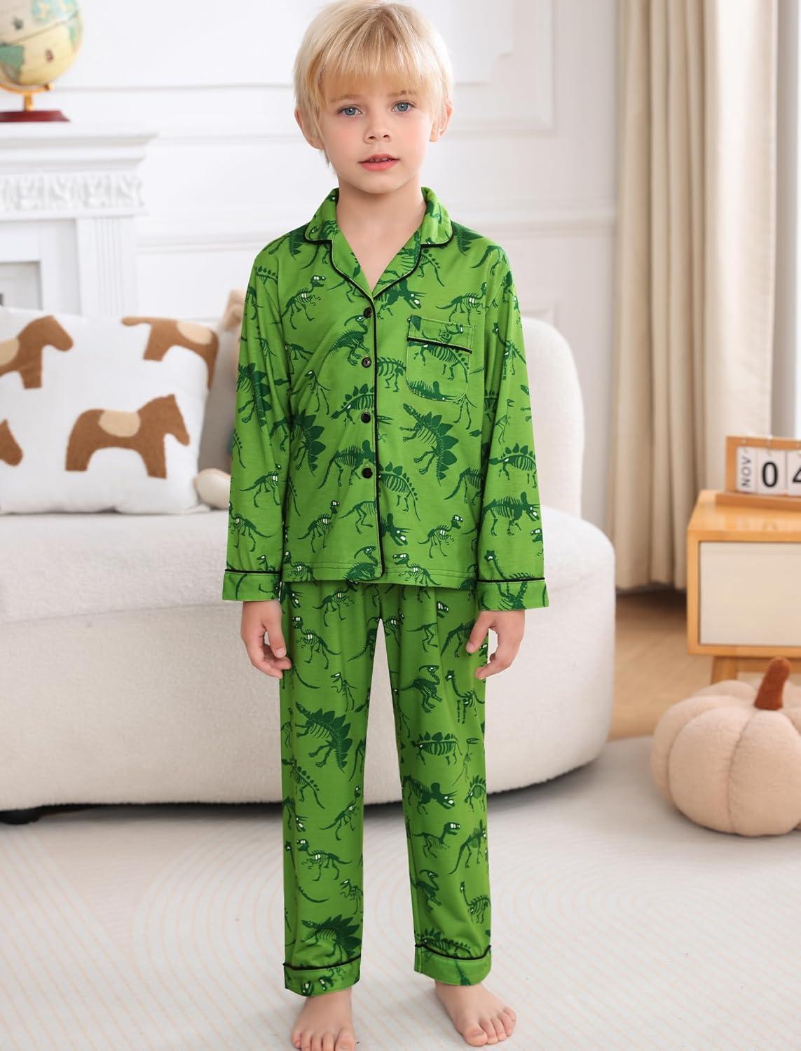 imageSWOMOG Girls Pajamas Set Kids Button Down Cute Print Pjs Sets Pant 2 Piece Soft Long Sleeve Sleepwear LoungewearGreen Dinosaur
