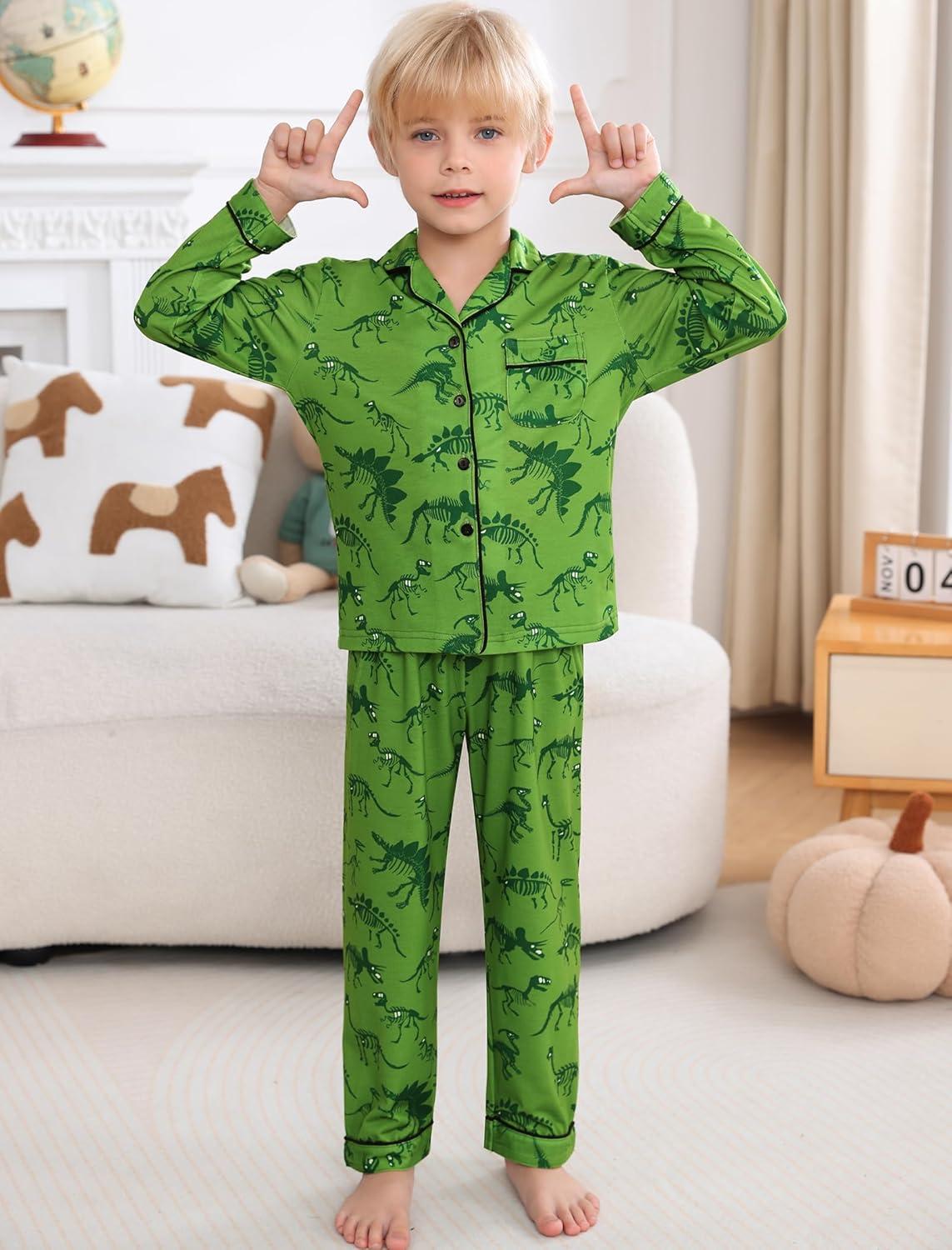 imageSWOMOG Girls Pajamas Set Kids Button Down Cute Print Pjs Sets Pant 2 Piece Soft Long Sleeve Sleepwear LoungewearGreen Dinosaur