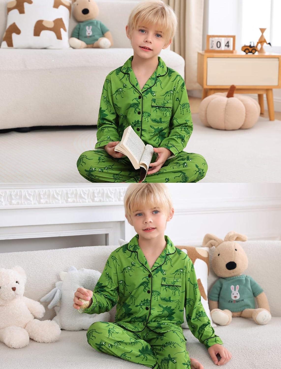 imageSWOMOG Girls Pajamas Set Kids Button Down Cute Print Pjs Sets Pant 2 Piece Soft Long Sleeve Sleepwear LoungewearGreen Dinosaur