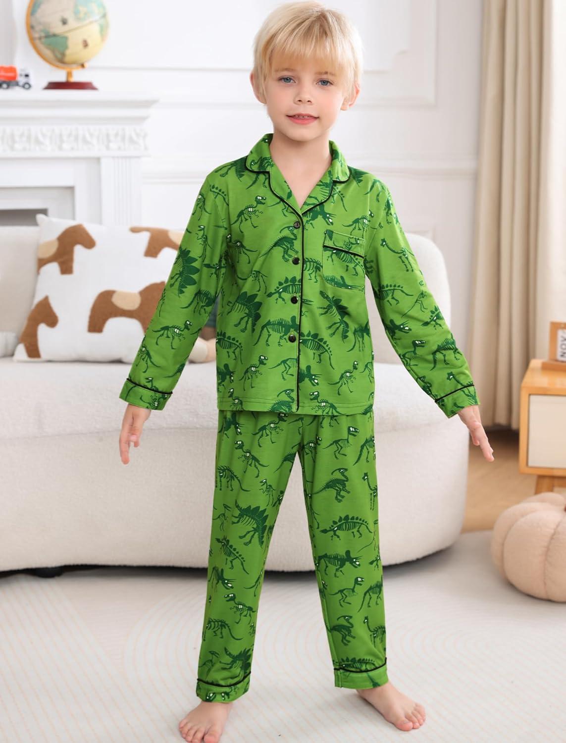 imageSWOMOG Girls Pajamas Set Kids Button Down Cute Print Pjs Sets Pant 2 Piece Soft Long Sleeve Sleepwear LoungewearGreen Dinosaur