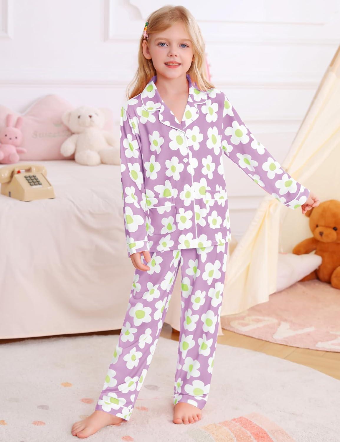 imageSWOMOG Girls Pajamas Set Kids Button Down Cute Print Pjs Sets Pant 2 Piece Soft Long Sleeve Sleepwear LoungewearLavender Flower