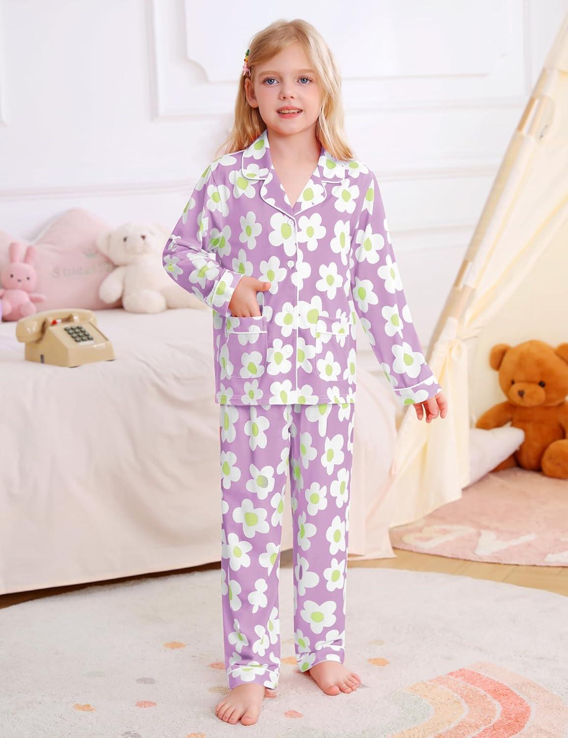imageSWOMOG Girls Pajamas Set Kids Button Down Cute Print Pjs Sets Pant 2 Piece Soft Long Sleeve Sleepwear LoungewearLavender Flower