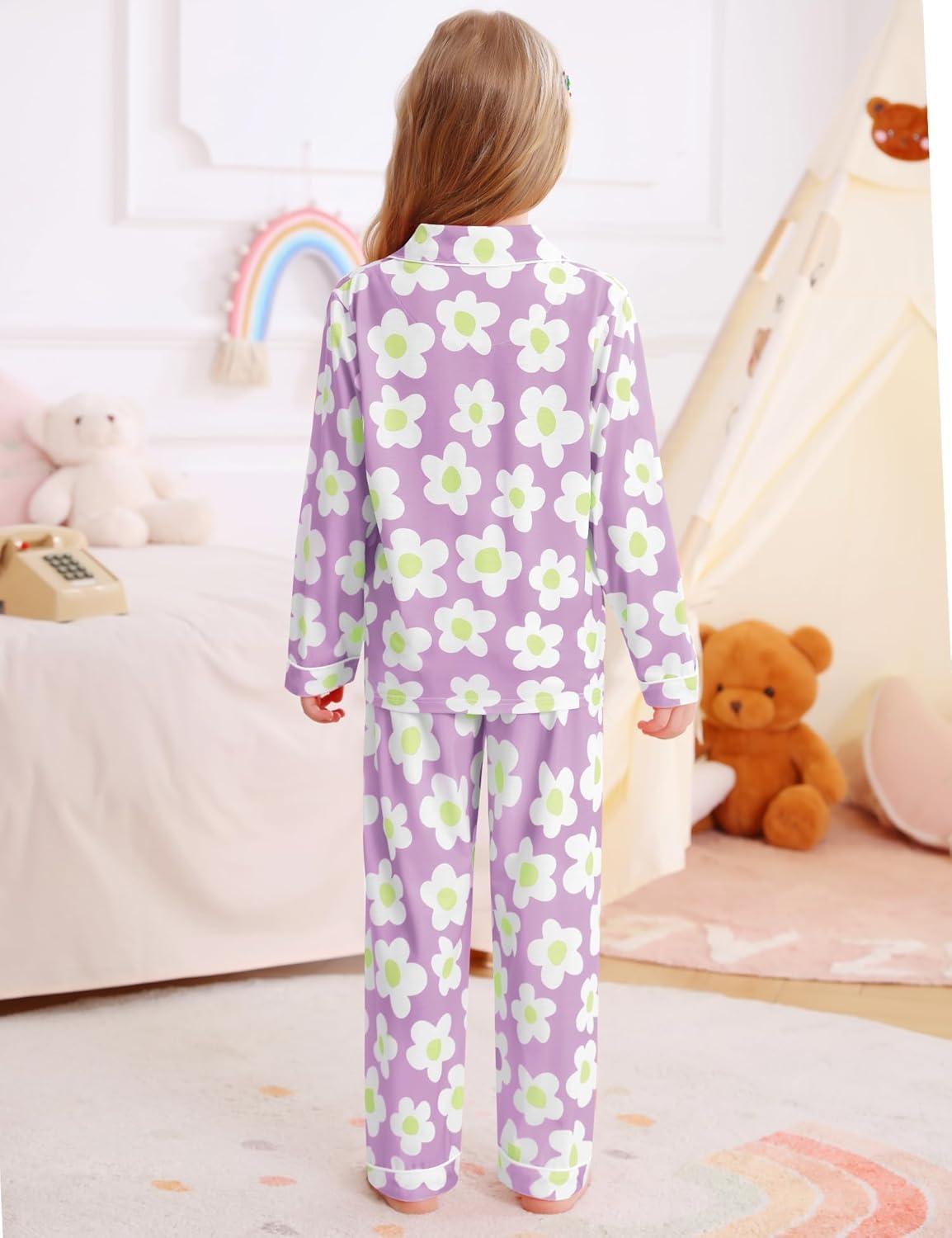 imageSWOMOG Girls Pajamas Set Kids Button Down Cute Print Pjs Sets Pant 2 Piece Soft Long Sleeve Sleepwear LoungewearLavender Flower